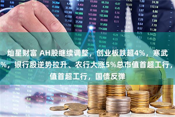 灿星财富 AH股继续调整，创业板跌超4%，寒武纪跌近15%，银行股逆势拉升、农行大涨5%总市值首超工行，国债反弹